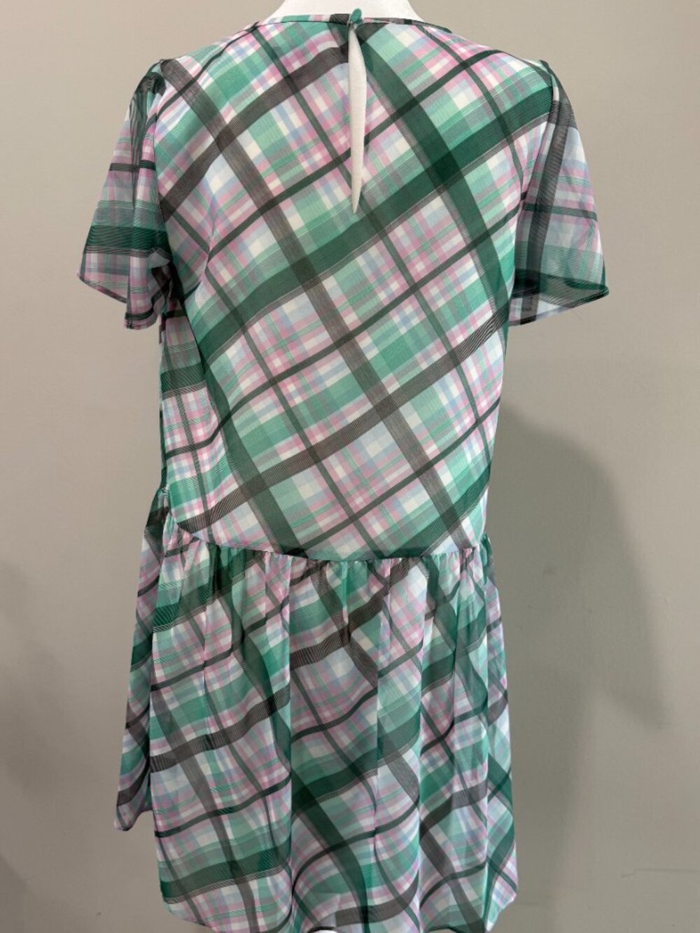 Ann Taylor Plaid Flutter Sleeve Drop Waist Dress Size 2 Green Pink Sheer - Picture 3 of 8